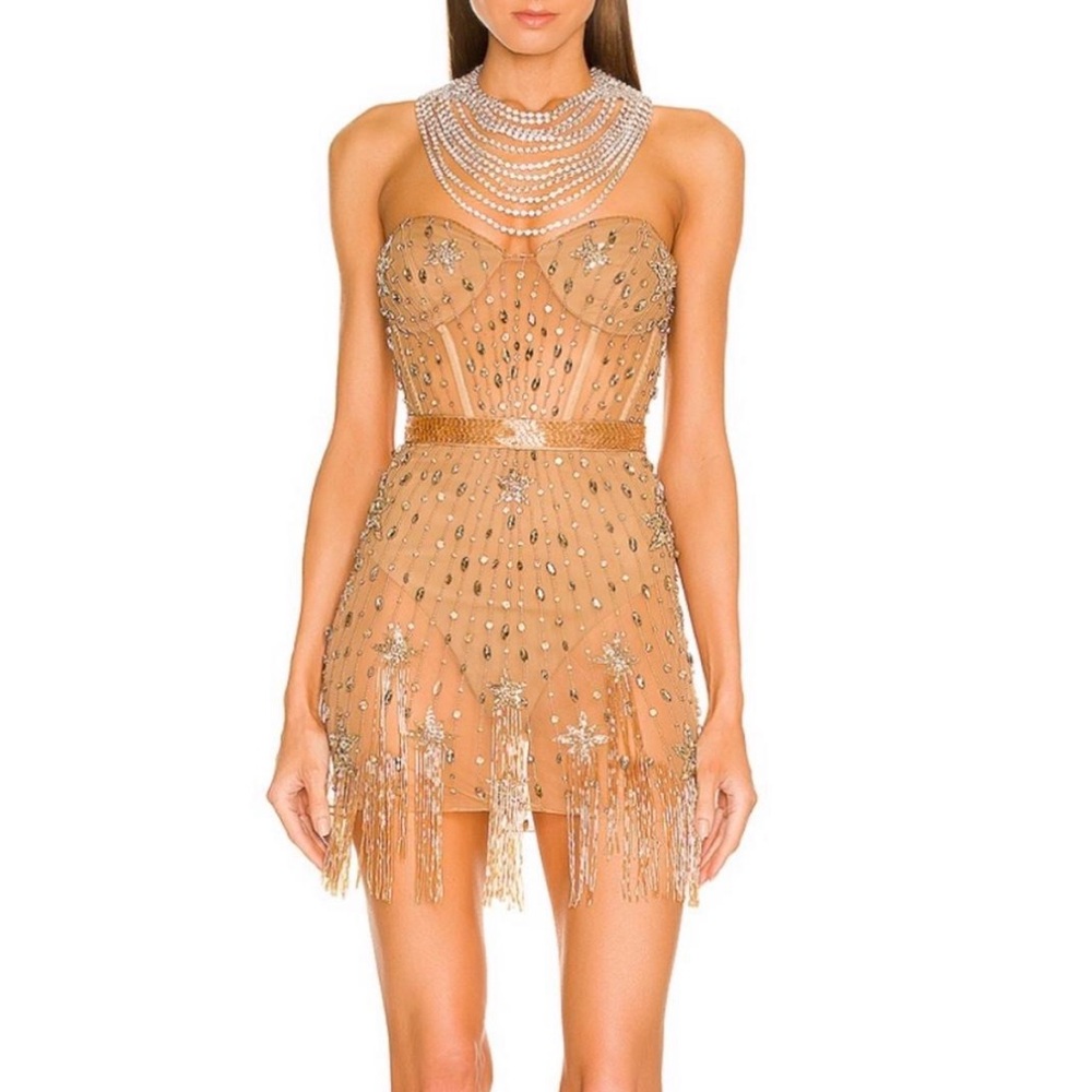 DUNDAS Strapless Beaded Nude Gold Mini Dress